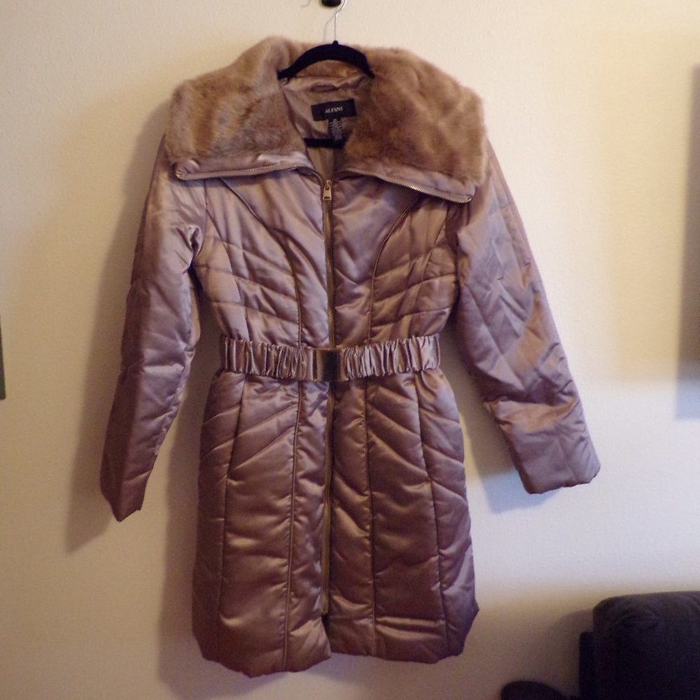 Alfani Champagne Long Puffer Jacket with Faux Fur